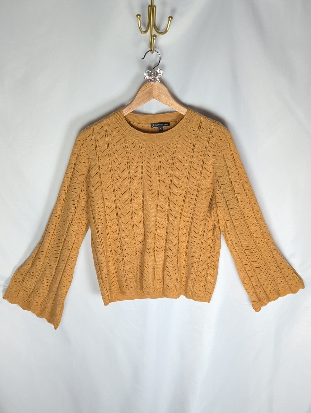 Adrianna Papell Mustard Yellow Bell Sleeve Pointelle Knit Sweater Pullover L